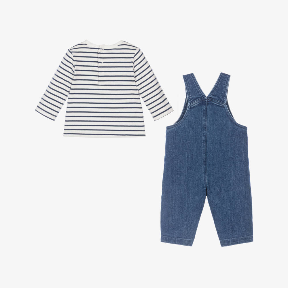 Little Me-Baby Boys Navy Blue Denim Dinosaur Dungaree Set | Childrensalon