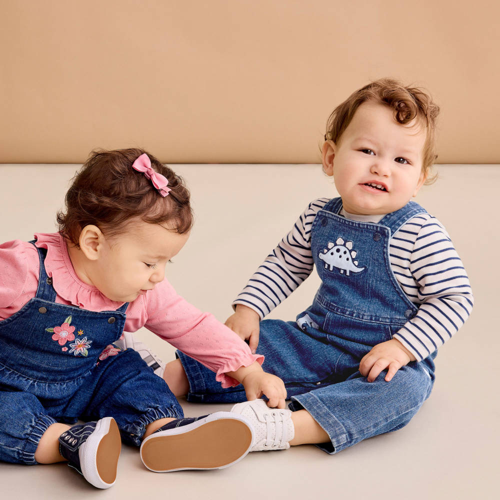 Little Me-Baby Boys Navy Blue Denim Dinosaur Dungaree Set | Childrensalon