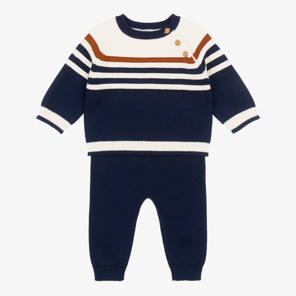 Little Me-Baby Boys Navy Blue Striped Knit Trouser Set | Childrensalon