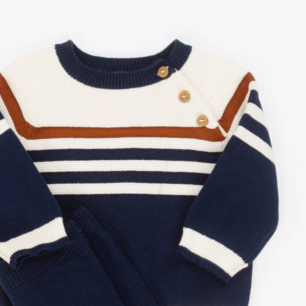 Little Me-Baby Boys Navy Blue Striped Knitted Trouser Set | Childrensalon