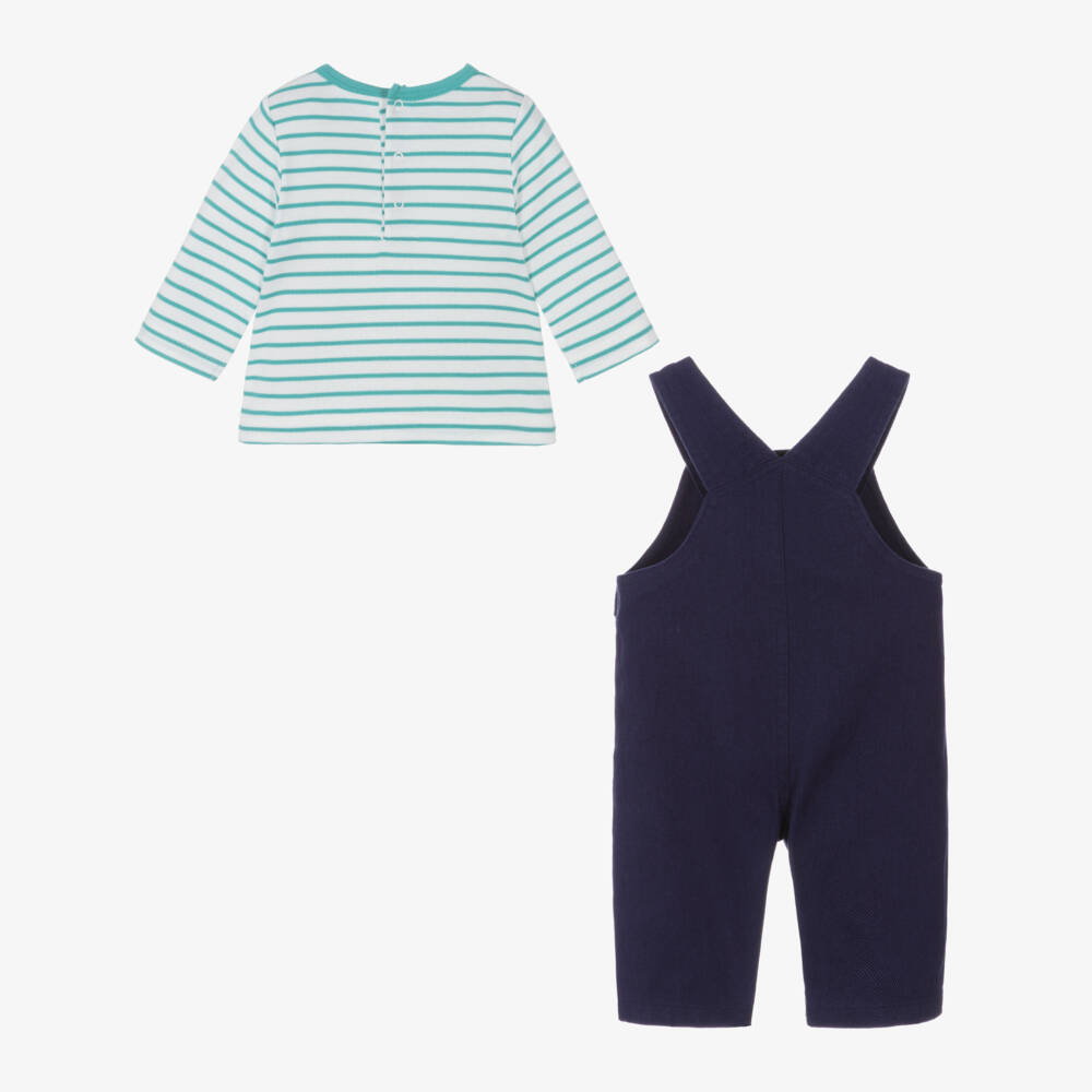Little Me-Baby Boys Navy Blue Trucks Dungaree Set | Childrensalon