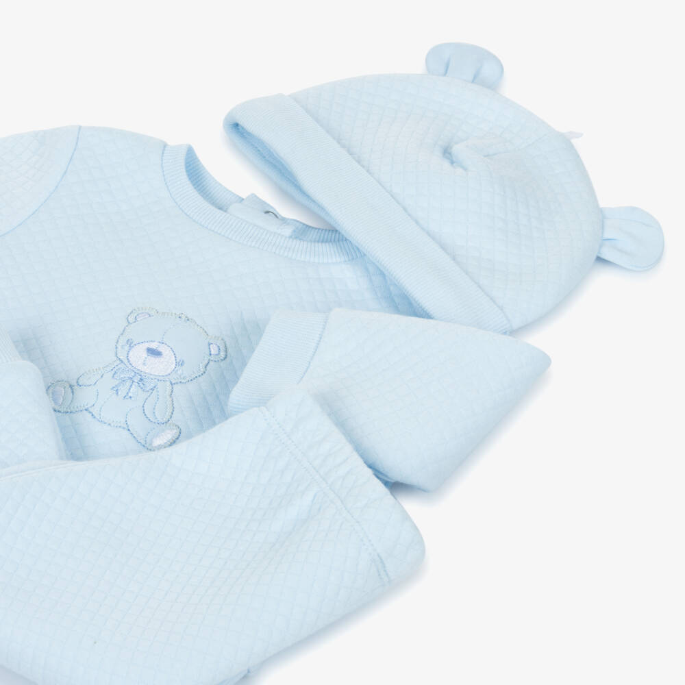 Little Me-Baby Boys Pale Blue Teddy Bear Cotton Trouser Set | Childrensalon