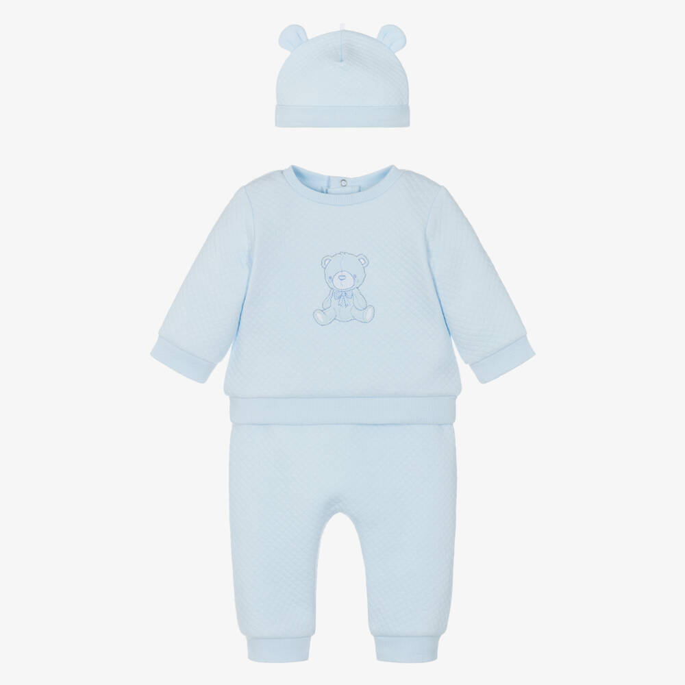 Little Me-Baby Boys Pale Blue Teddy Bear Cotton Trouser Set | Childrensalon