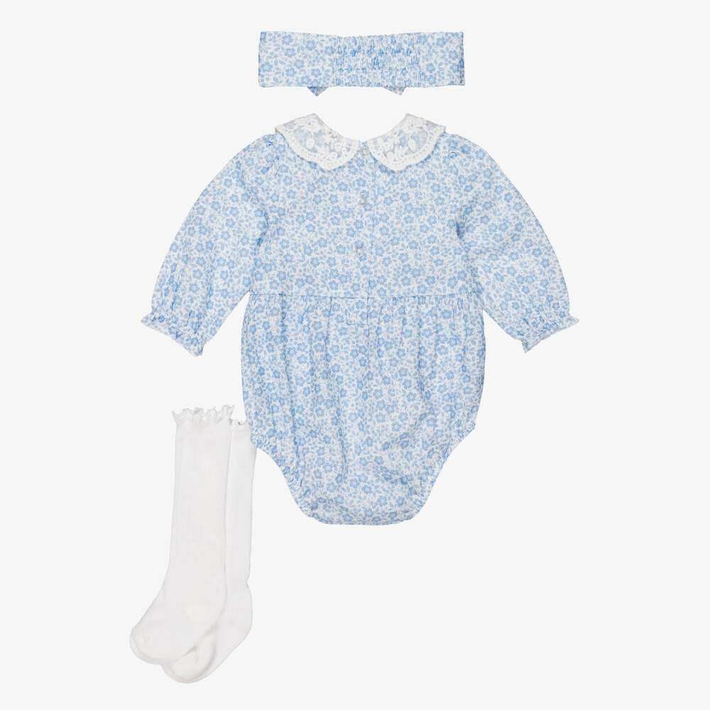 Little Me-Baby Girls Blue Floral Patterned Shortie Set | Childrensalon
