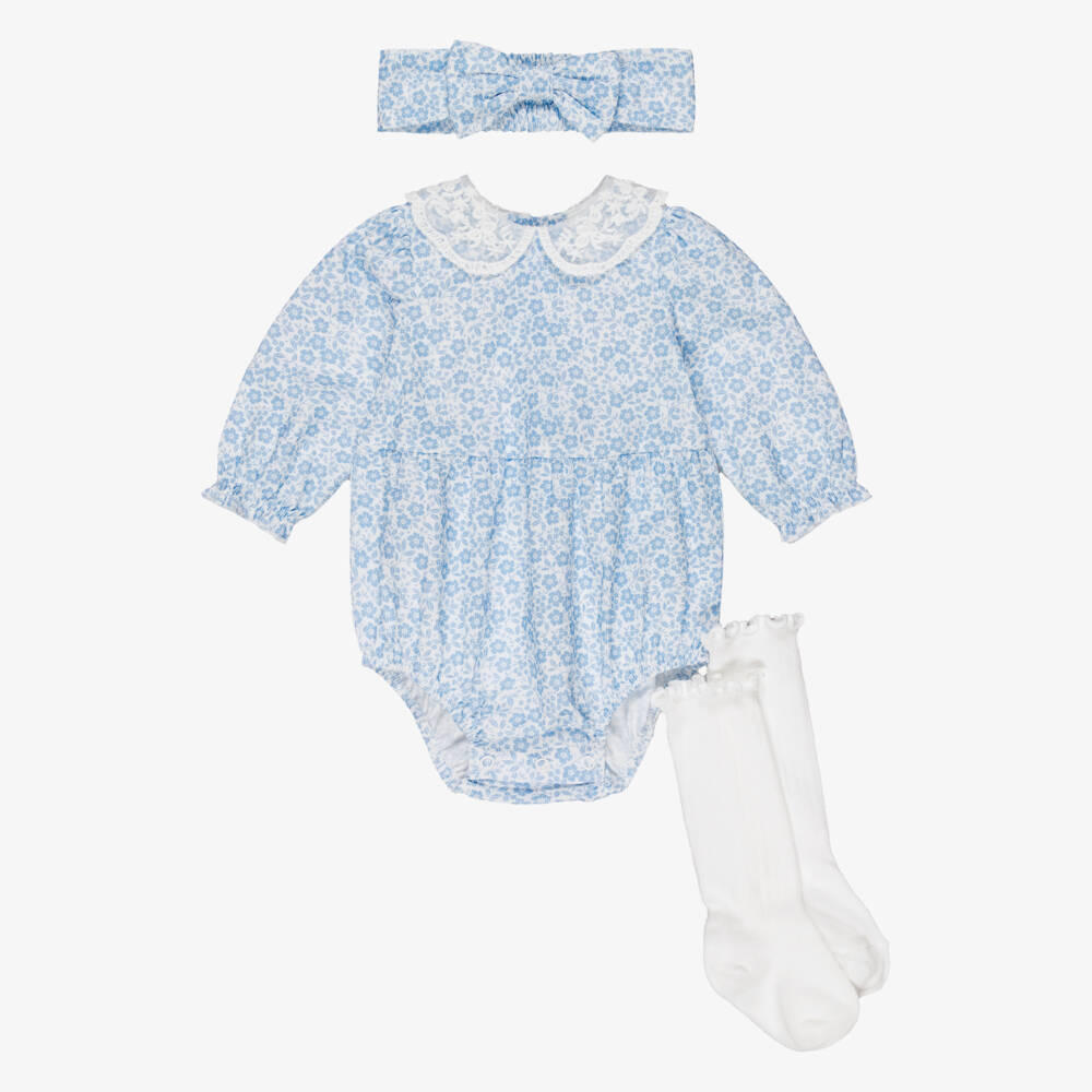 Little Me-Baby Girls Blue Floral Patterned Shortie Set  | Childrensalon