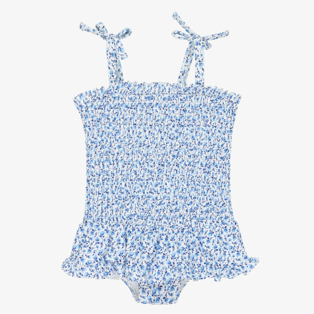 Little Me-Baby Girls Blue Floral Shirred Swimsuit (UPF50+) | Childrensalon