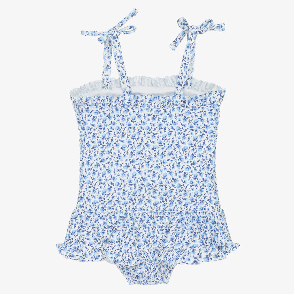 Little Me-Baby Girls Blue Floral Shirred Swimsuit (UPF50+) | Childrensalon