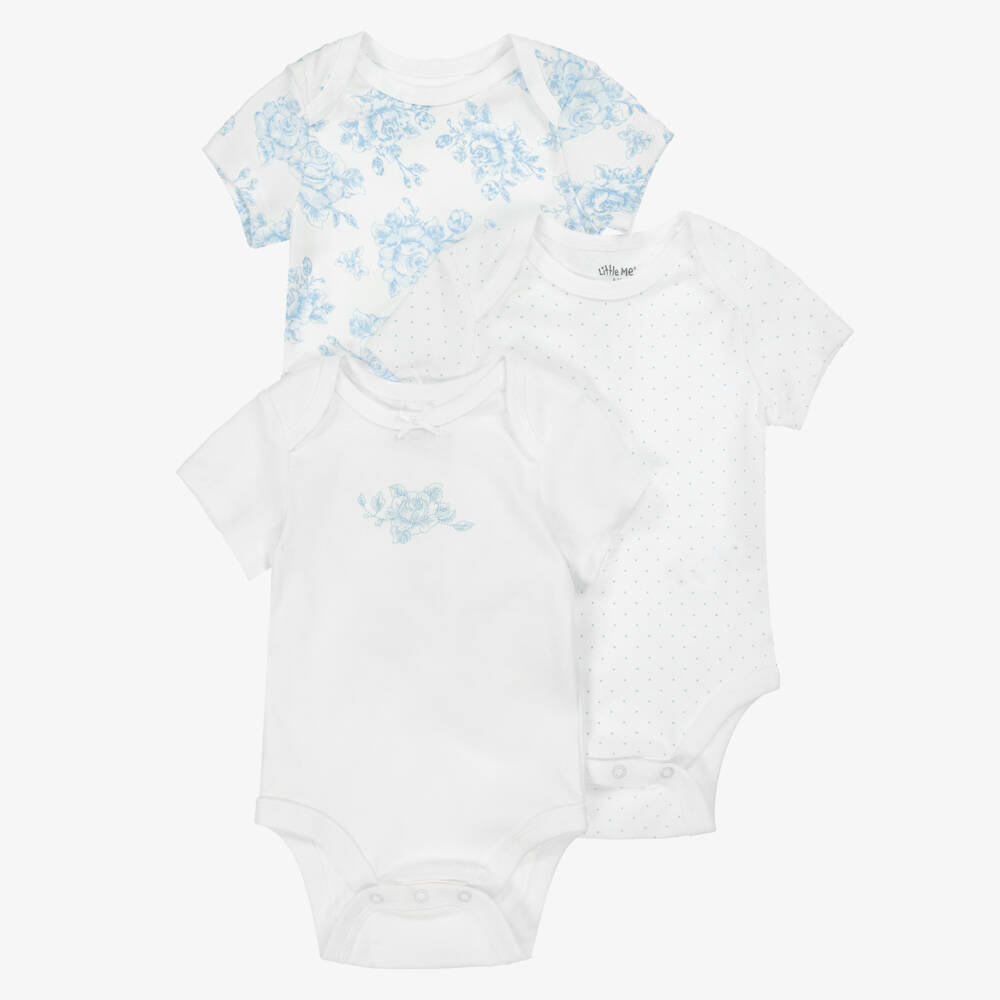 Little Me-Baby Girls Blue Roses Cotton Bodyvests (3 Pack) | Childrensalon