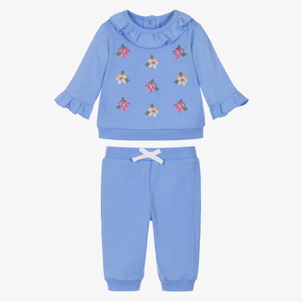 Little Me-Baby Girls Blue Tracksuit with Floral Embroidery | Childrensalon