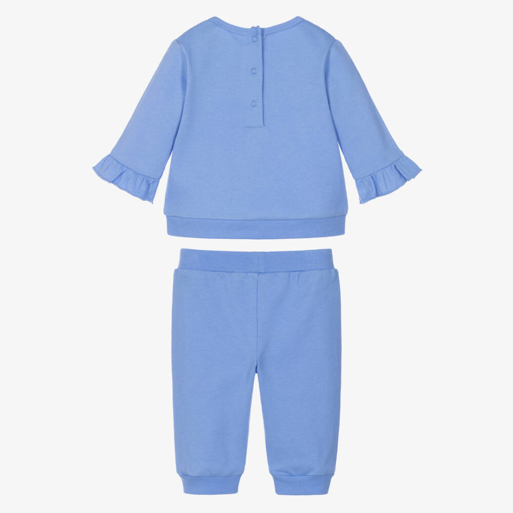 Little Me-Baby Girls Blue Tracksuit with Floral Embroidery | Childrensalon