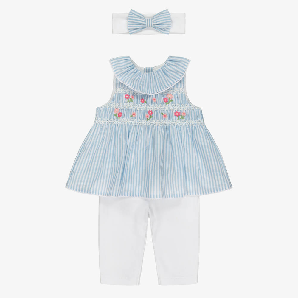 Little Me-Baby Girls Blue & White Cotton Leggings Set | Childrensalon