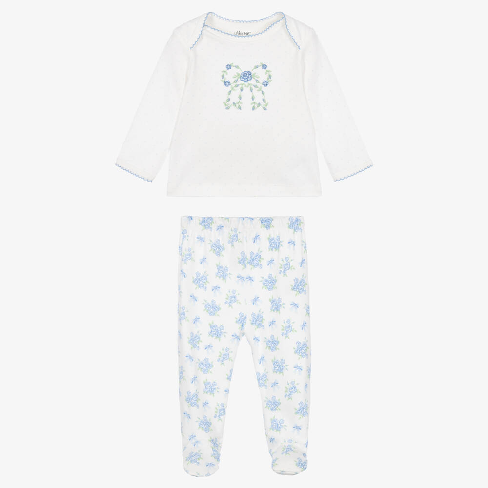 Little Me-Baby Girls Blue & White Floral Print Babysuit Set | Childrensalon