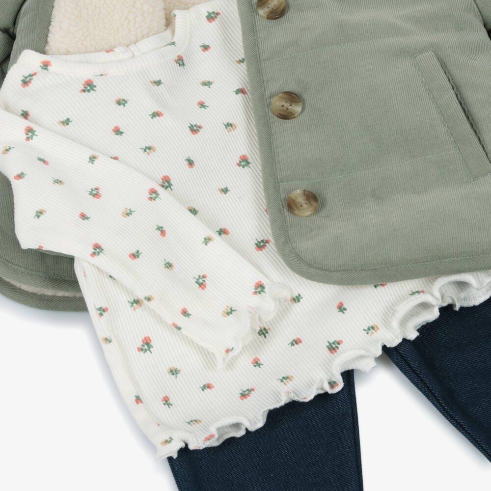 Little Me-Baby Girls Green & Blue Trouser Set with Corduroy Jacket  | Childrensalon