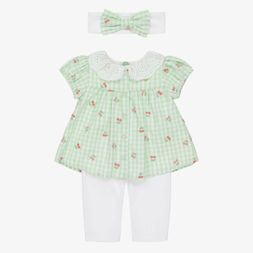 Little Me-Baby Girls Green Gingham Cherry & White Cotton Leggings Set | Childrensalon