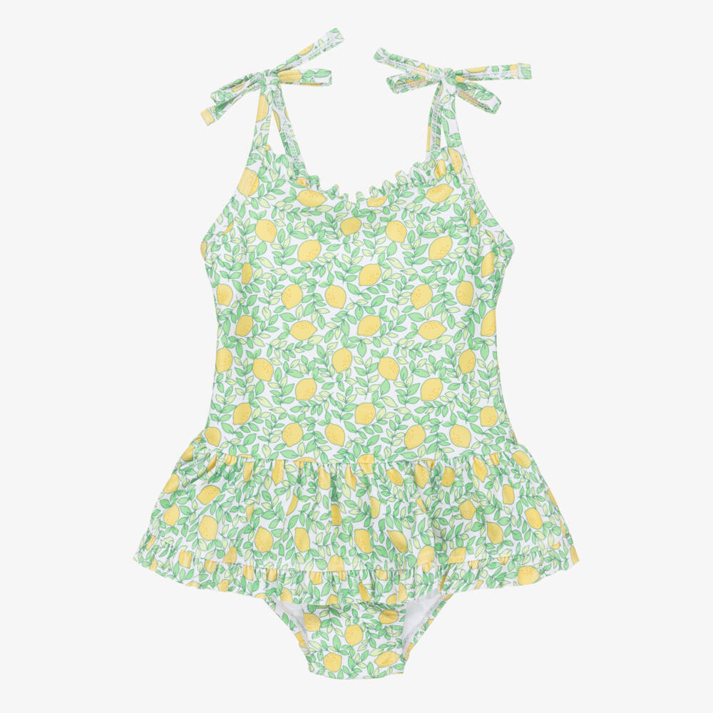 Little Me-Baby Girls Green Swimsuit with Yellow Lemon Print (UPF50+) | Childrensalon