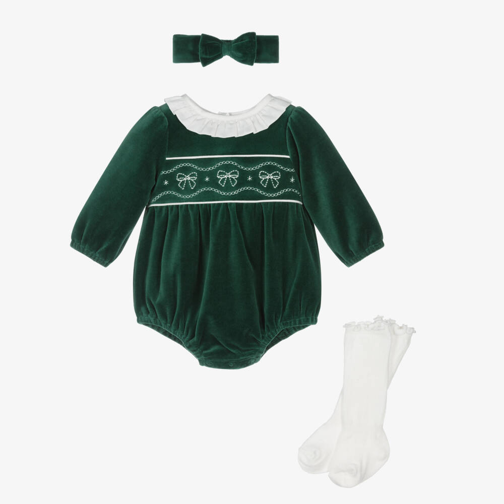 Little Me-Baby Girls Green Velour Shortie Set | Childrensalon
