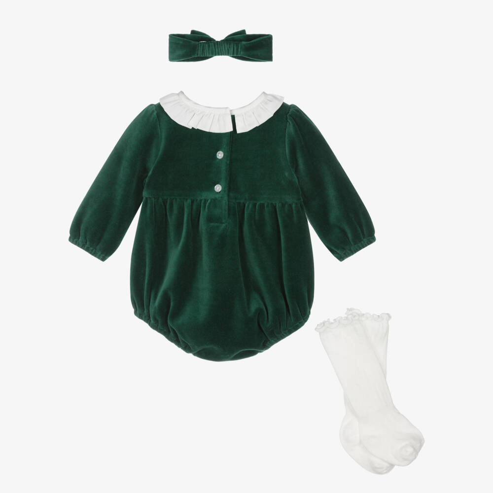 Little Me-Baby Girls Green Velour Shortie Set | Childrensalon