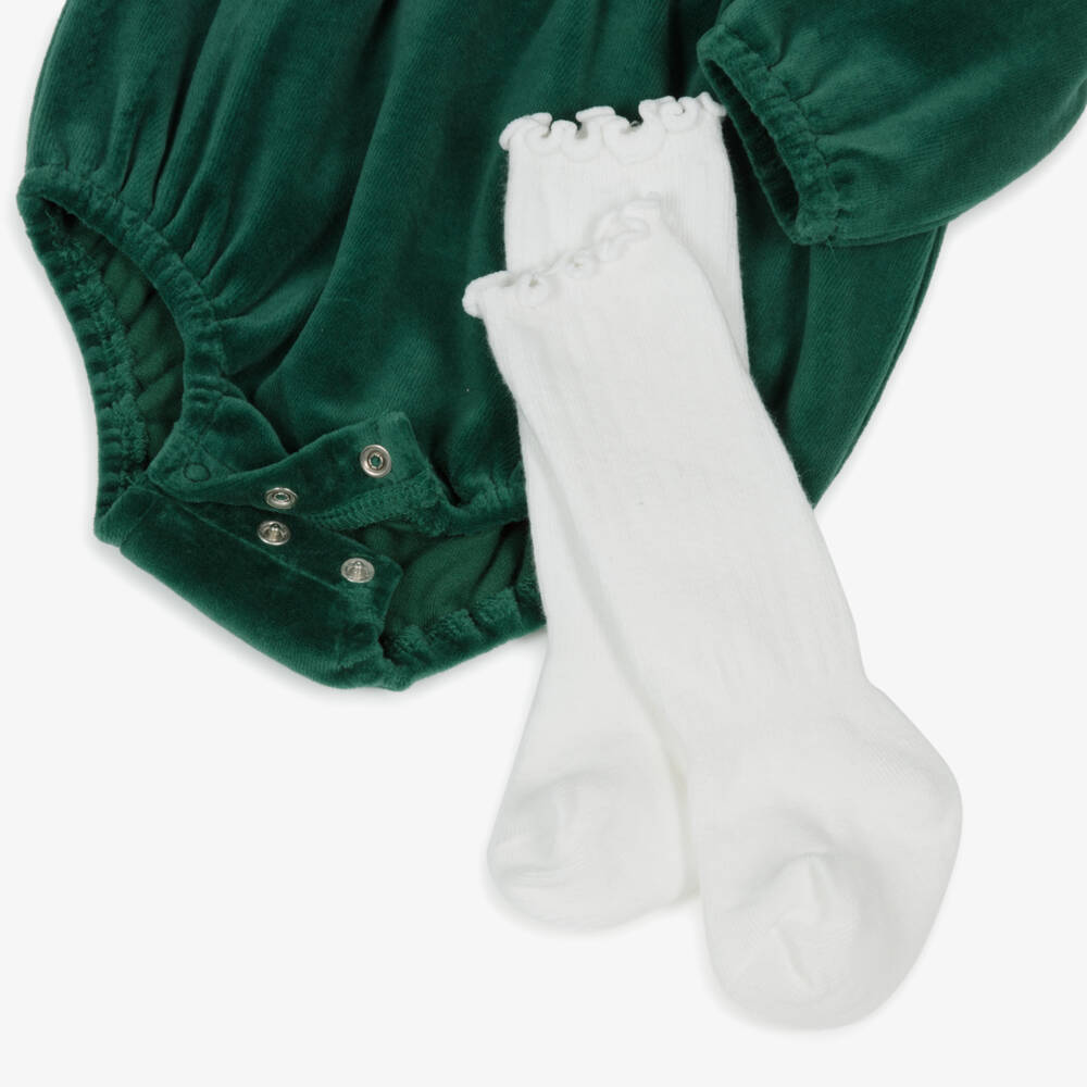 Little Me-Baby Girls Green Velour Shortie Set | Childrensalon