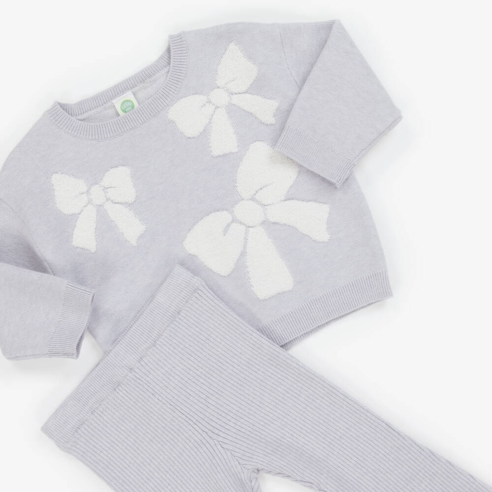 Little Me-Baby Girls Grey Knitted Trouser Set with Jacquard Bows | Childrensalon
