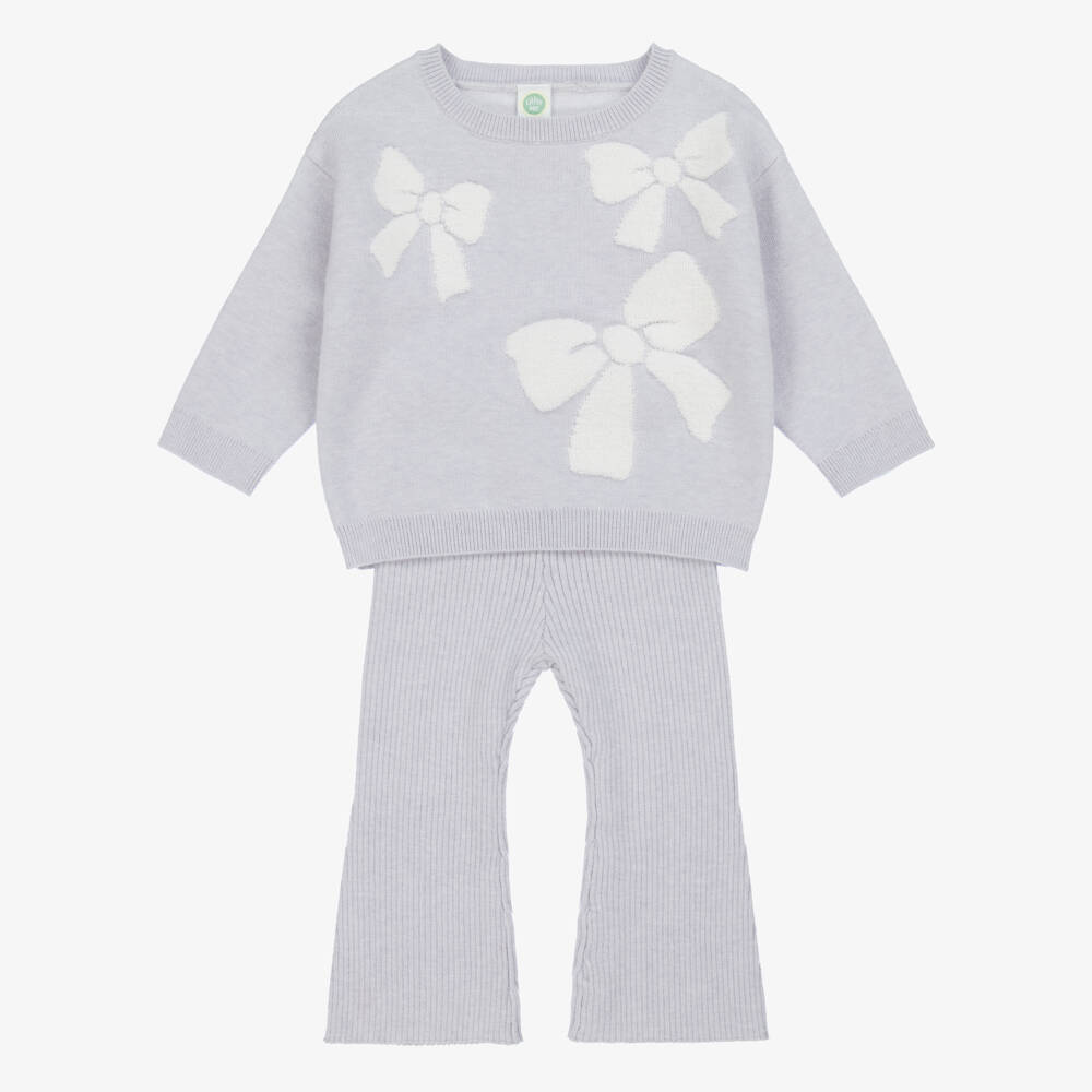 Little Me-Baby Girls Grey Knitted Trouser Set with Jacquard Bows | Childrensalon