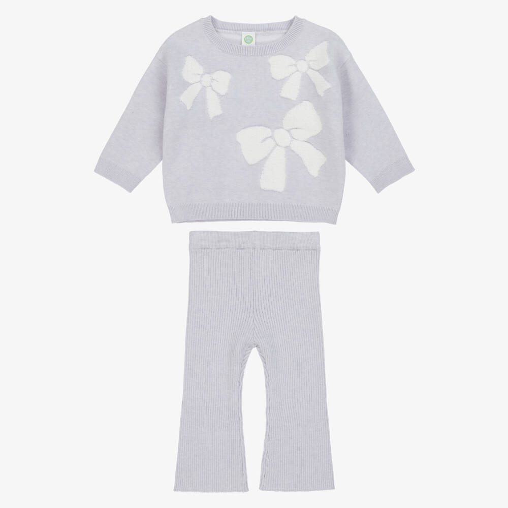 Little Me-Baby Girls Grey Knitted Trouser Set with Jacquard Bows | Childrensalon