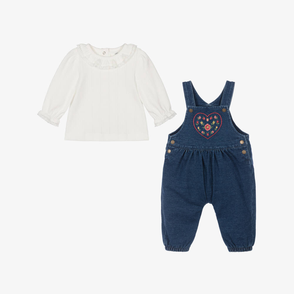 Little Me-Baby Girls Ivory Blouse & Blue Dungarees Set | Childrensalon