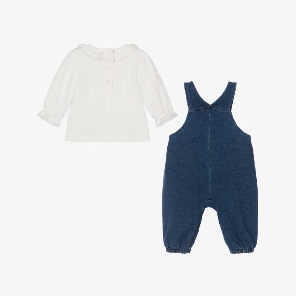 Little Me-Baby Girls Ivory Blouse & Blue Dungarees Set | Childrensalon