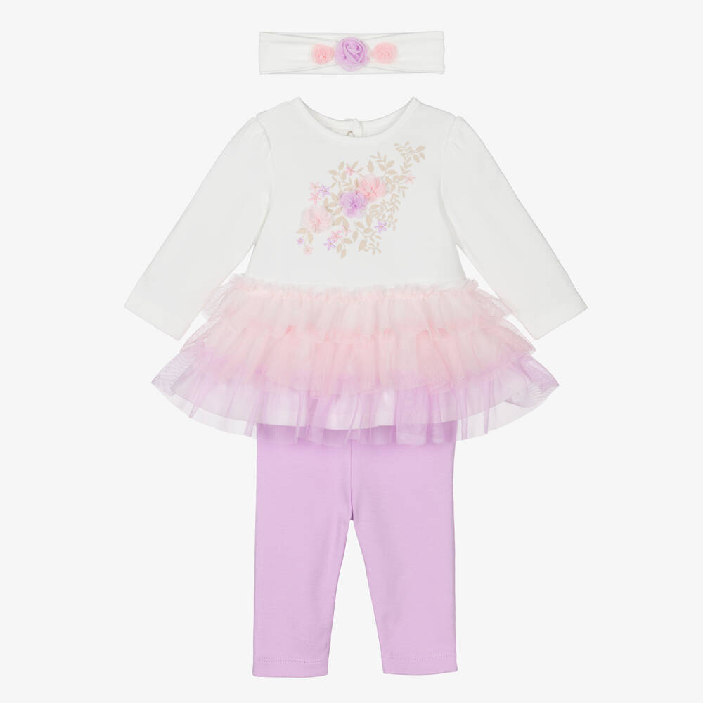 Little Me-Baby Girls Ivory & Lilac Tulle Cotton Jersey Leggings Set | Childrensalon