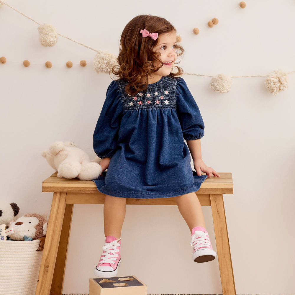 Little Me-Baby Girls Jersey Denim Dress with Floral Embroidery | Childrensalon