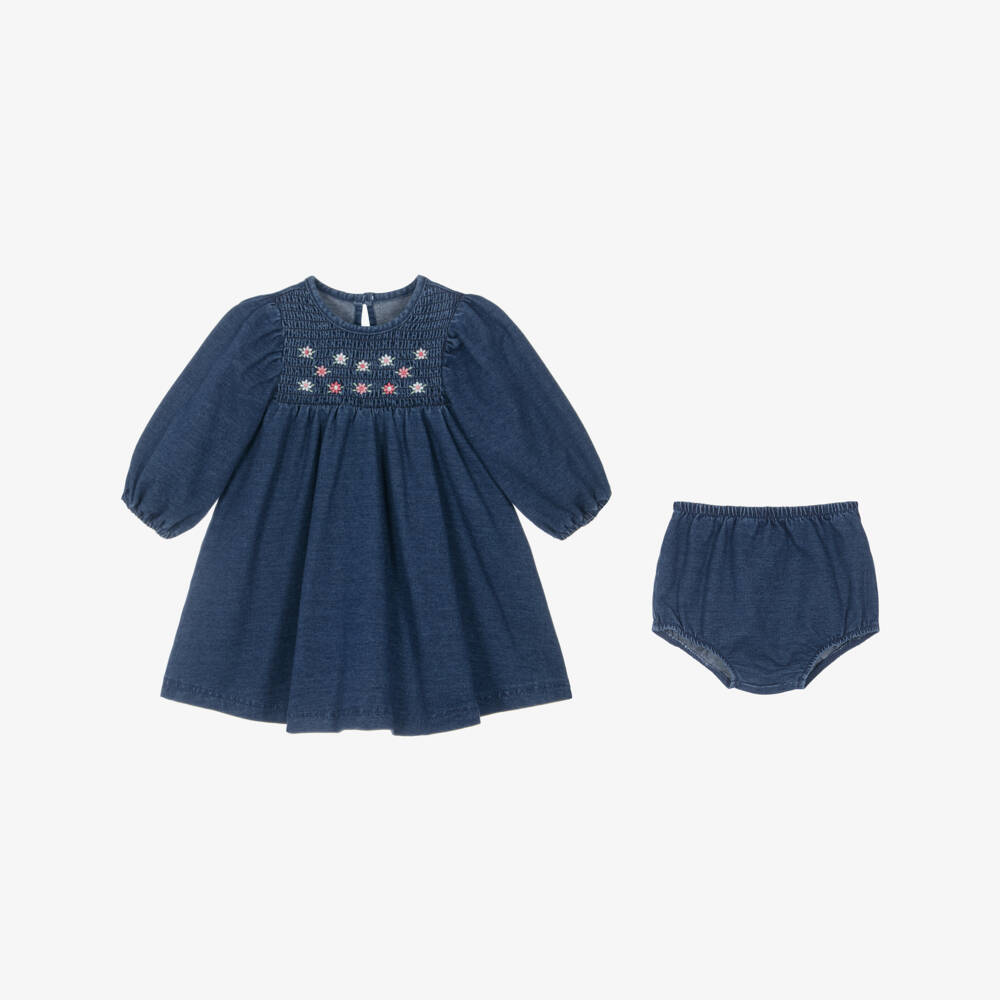 Little Me-Baby Girls Jersey Denim Dress with Floral Embroidery | Childrensalon