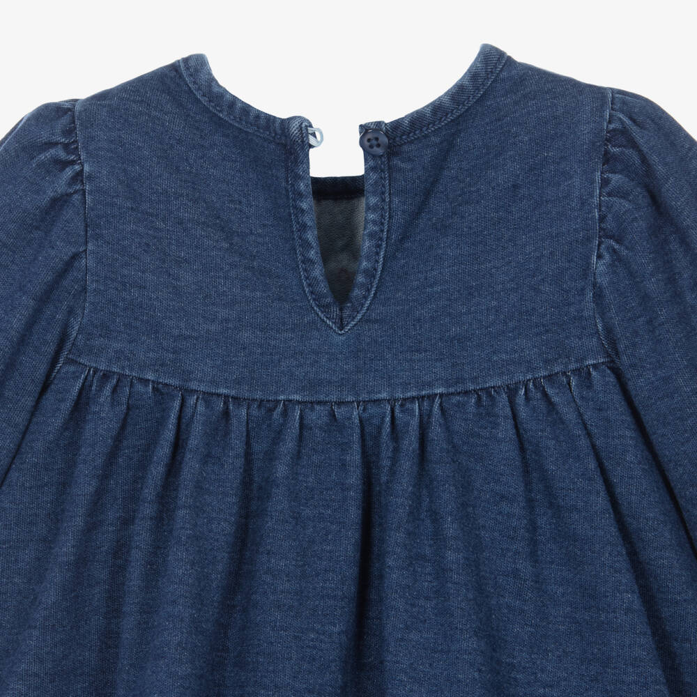 Little Me-Baby Girls Jersey Denim Dress with Floral Embroidery | Childrensalon