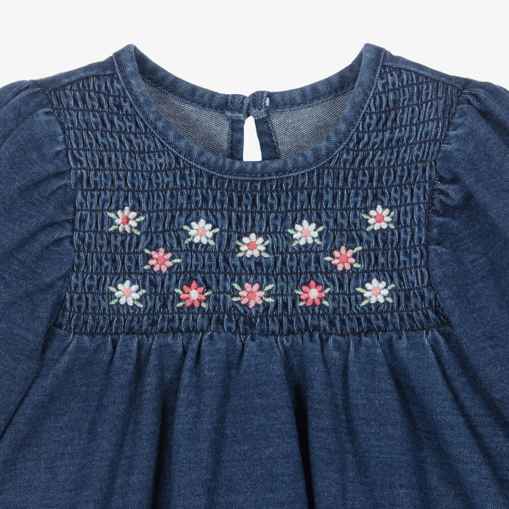 Little Me-Baby Girls Jersey Denim Dress with Floral Embroidery | Childrensalon