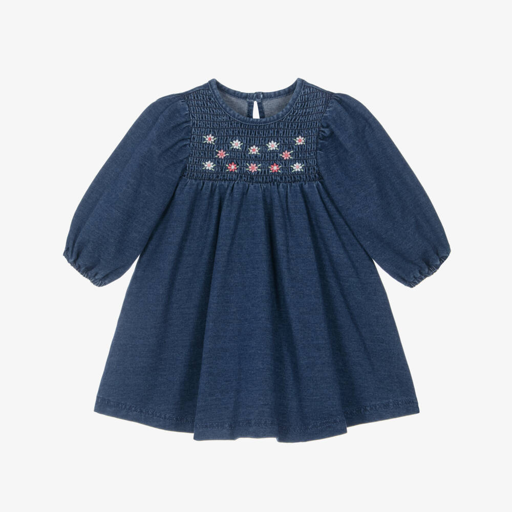 Little Me-Baby Girls Jersey Denim Dress with Floral Embroidery | Childrensalon
