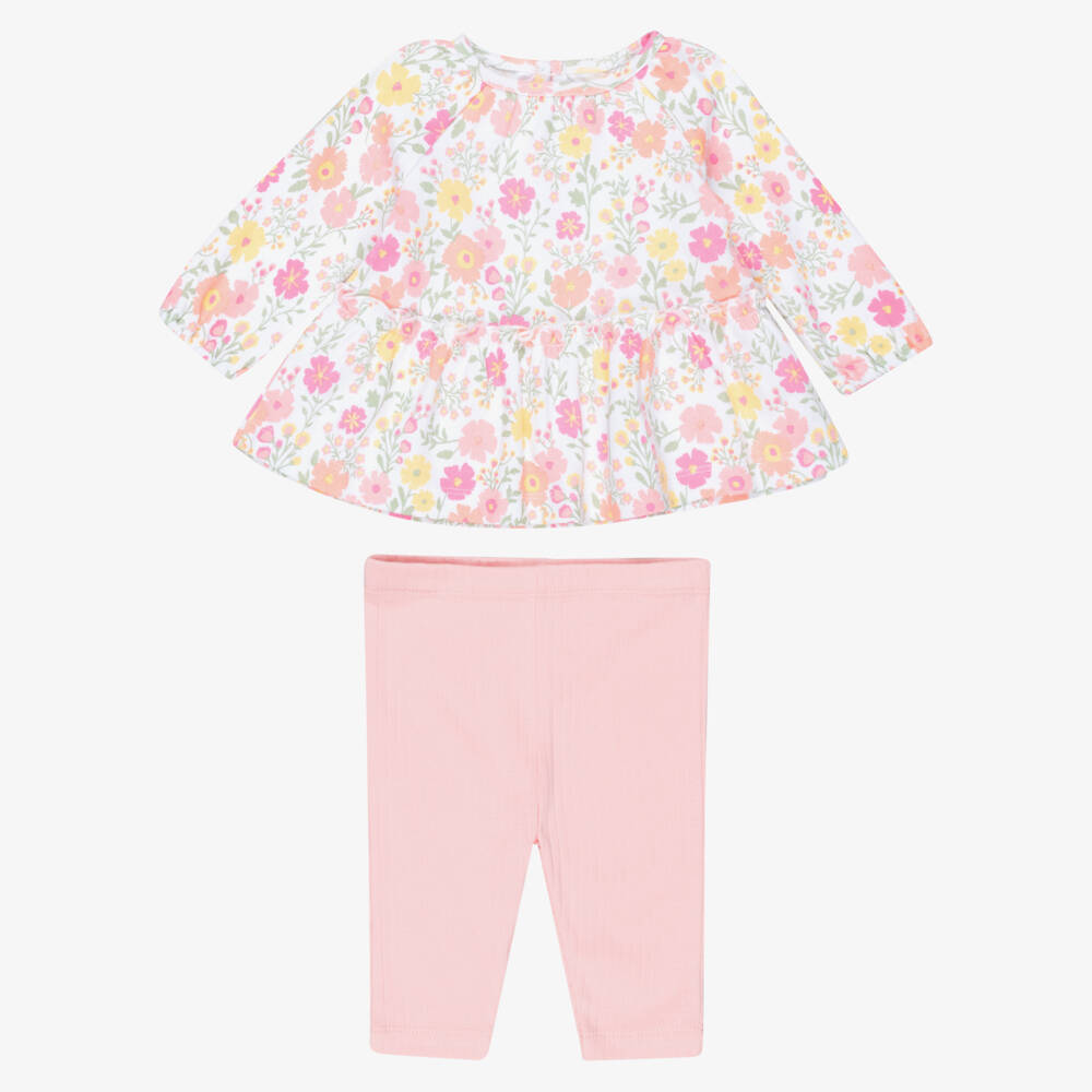 Little Me-Baby Girls Pink Cotton Floral Leggings Set with Headband | Childrensalon