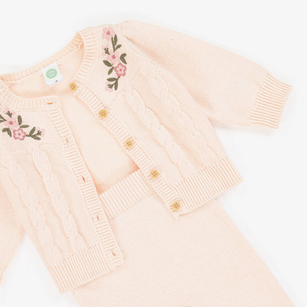 Little Me-Baby Girls Pink Cotton Knit Trouser Set with Floral Embroidery | Childrensalon