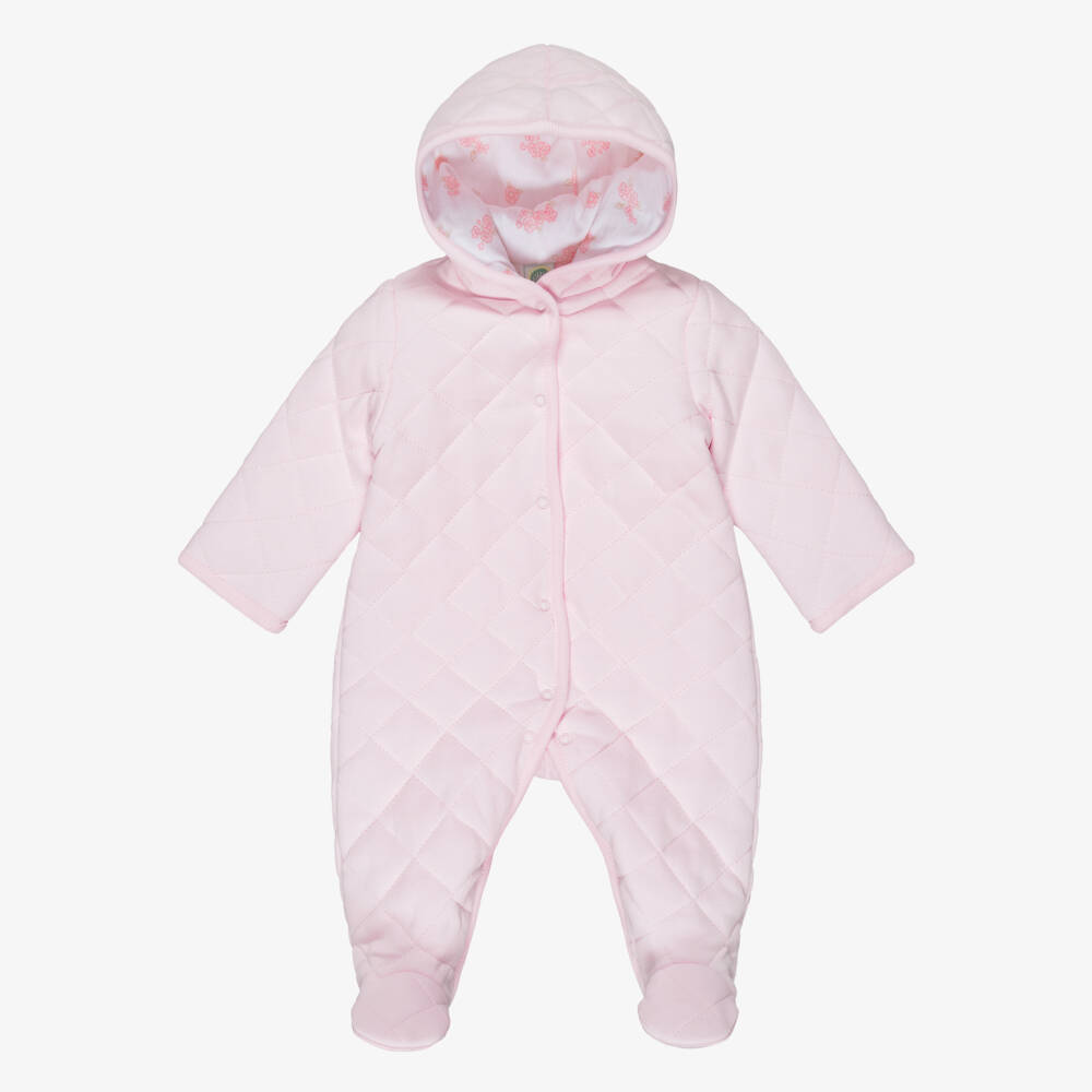 Little Me-Baby Girls Pink Diamond-Stitched Jersey Pramsuit | Childrensalon