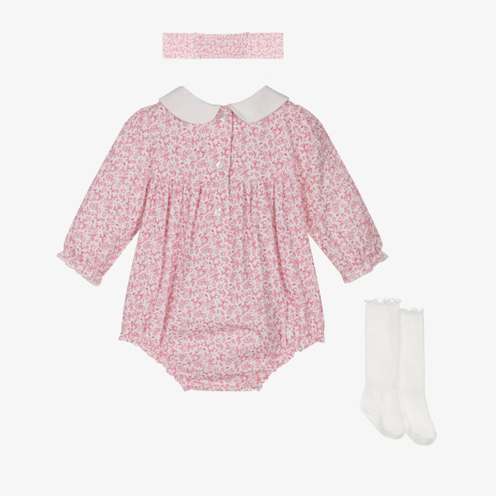 Little Me-Baby Girls Pink Floral Needlecord Shortie Set with Smocking | Childrensalon