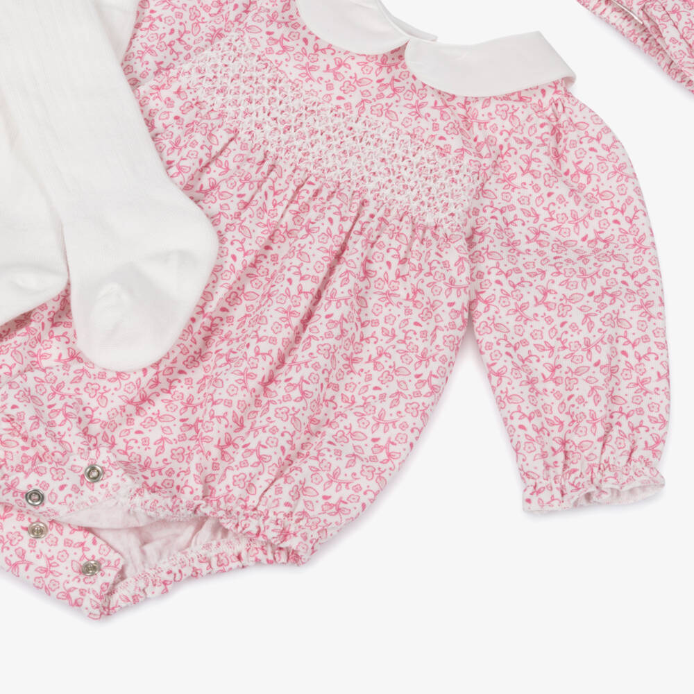 Little Me-Baby Girls Pink Floral Needlecord Shortie Set with Smocking | Childrensalon