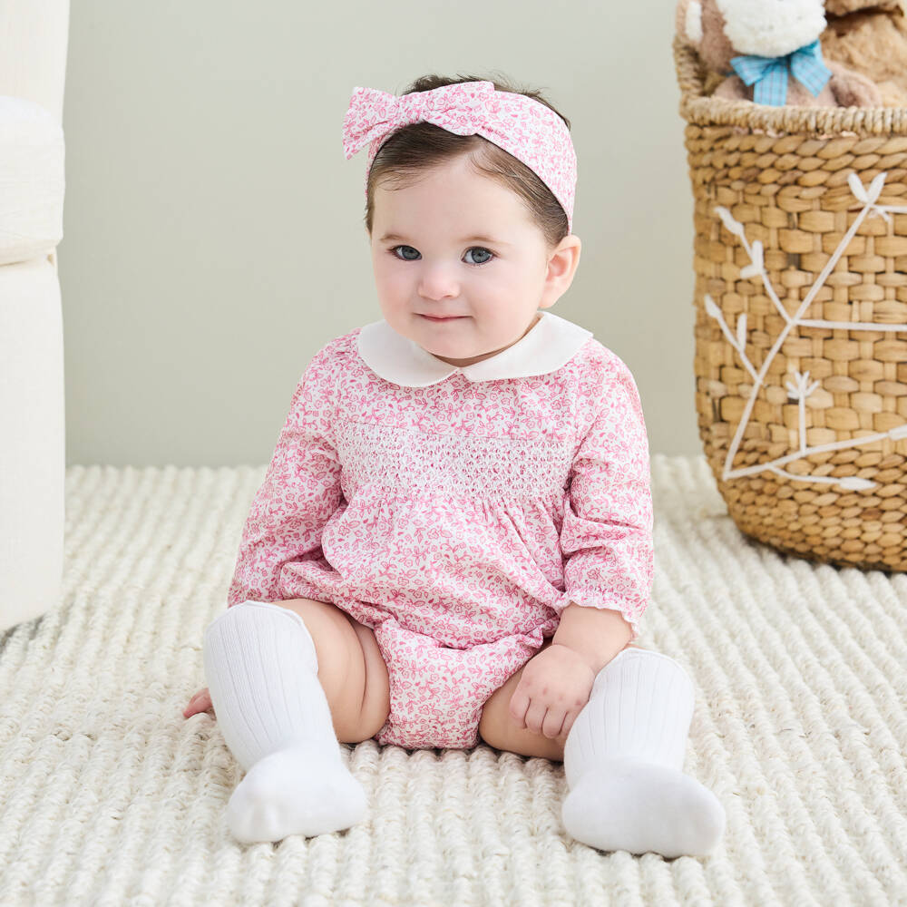 Little Me-Baby Girls Pink Floral Needlecord Shortie Set with Smocking | Childrensalon
