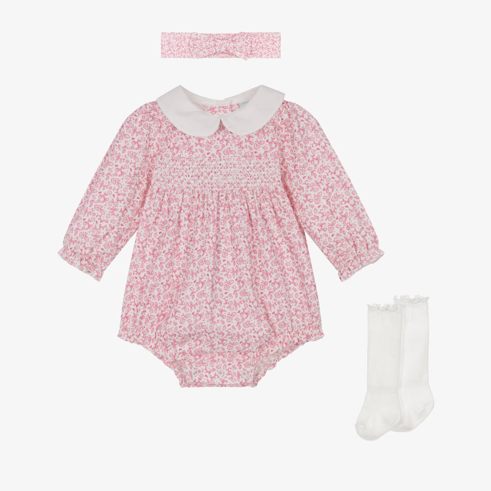 Little Me-Baby Girls Pink Floral Needlecord Shortie Set with Smocking | Childrensalon