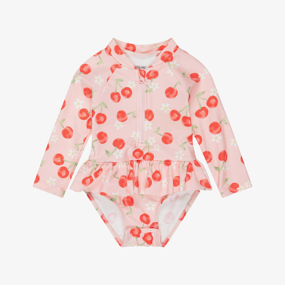 Little Me-Baby Girls Pink Long Sleeved Cherry Print Swimsuit (UPF50+) | Childrensalon