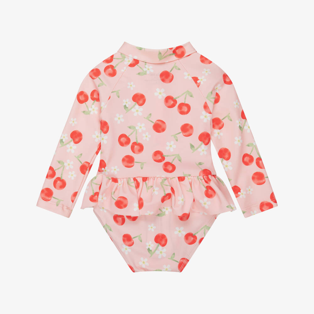Little Me-Baby Girls Pink Long Sleeved Cherry Print Swimsuit (UPF50+) | Childrensalon