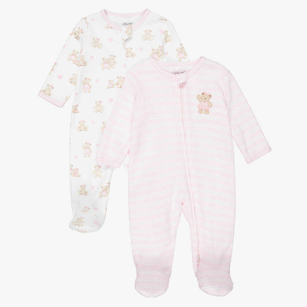 Little Me-Baby Girls Pink Organic Cotton Teddy Babygrows (2 Pack)  | Childrensalon