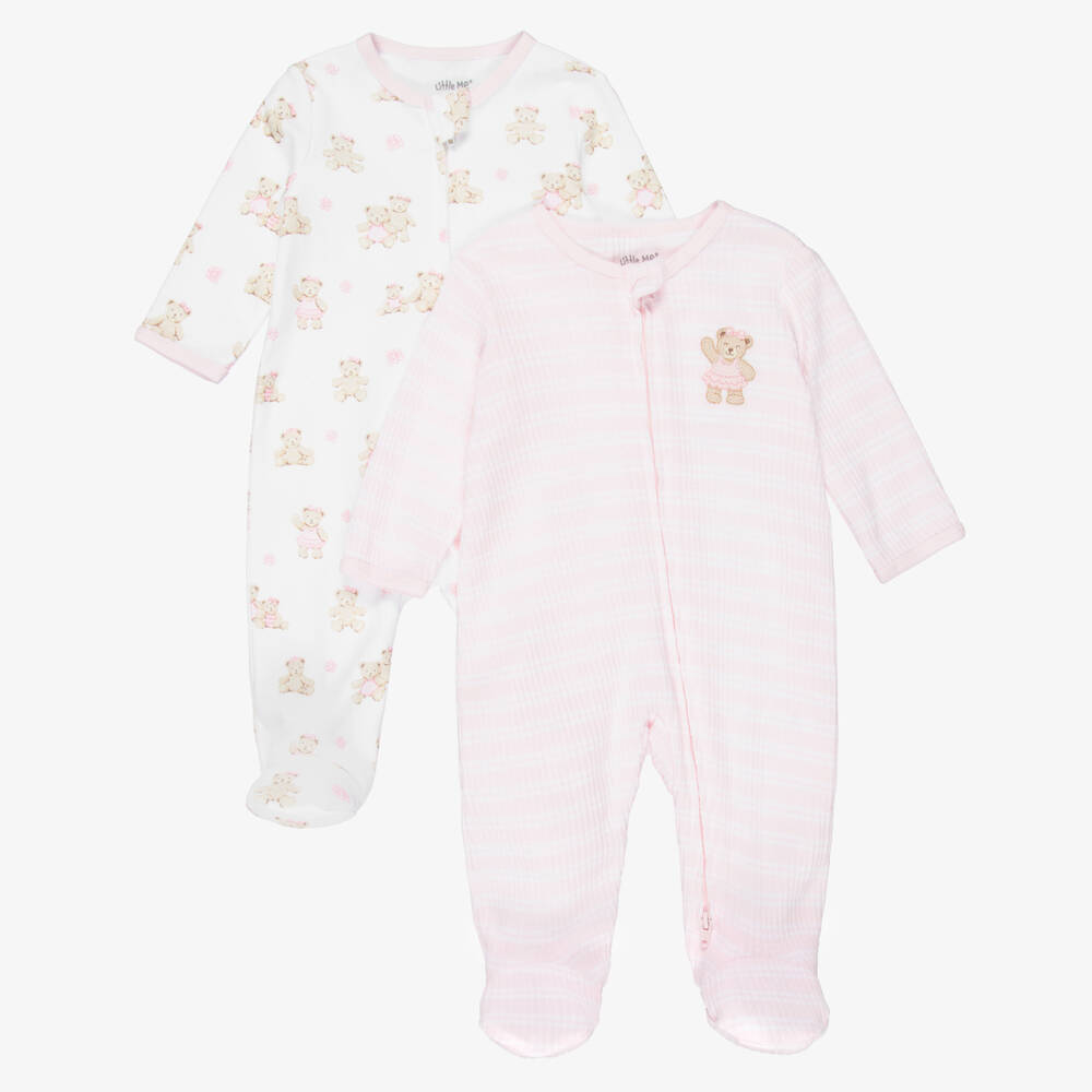 Little Me-Baby Girls Pink Organic Cotton Teddy Babygrows (2 Pack)  | Childrensalon