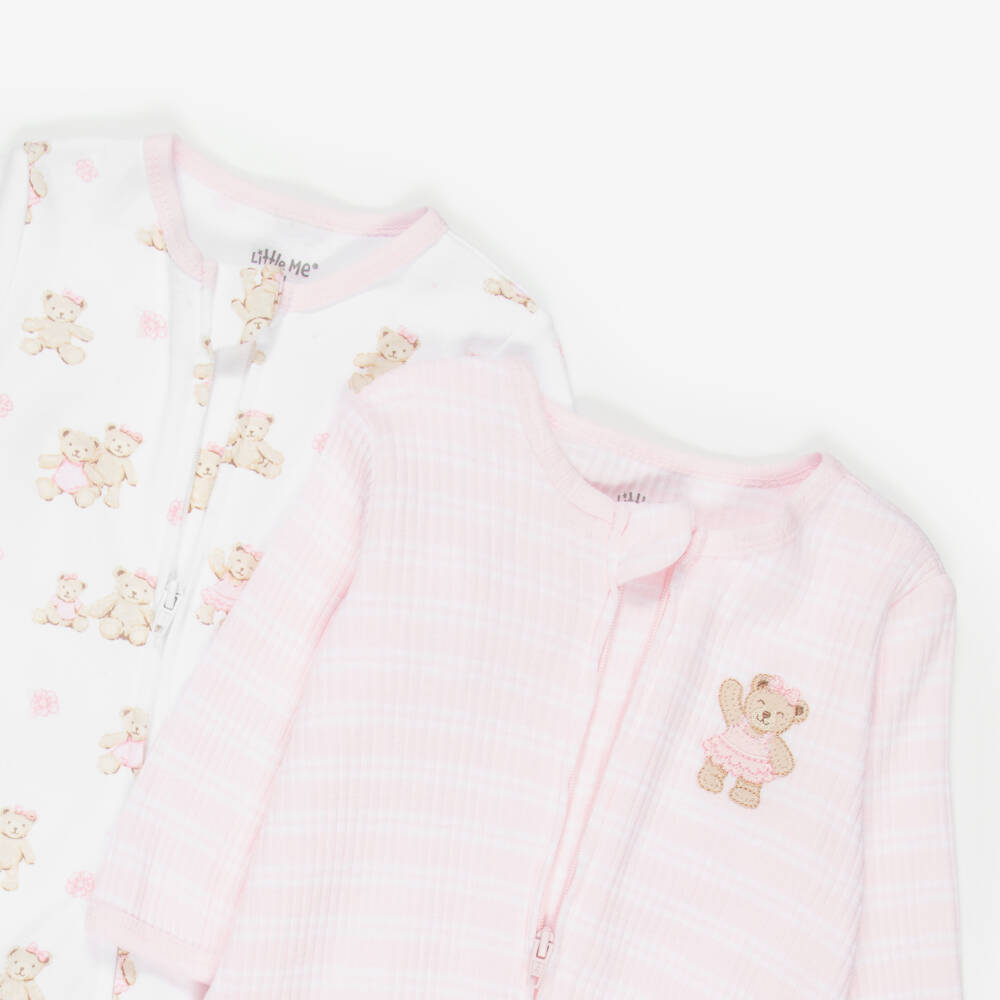 Little Me-Baby Girls Pink Organic Cotton Teddy Babygrows (2 Pack) | Childrensalon