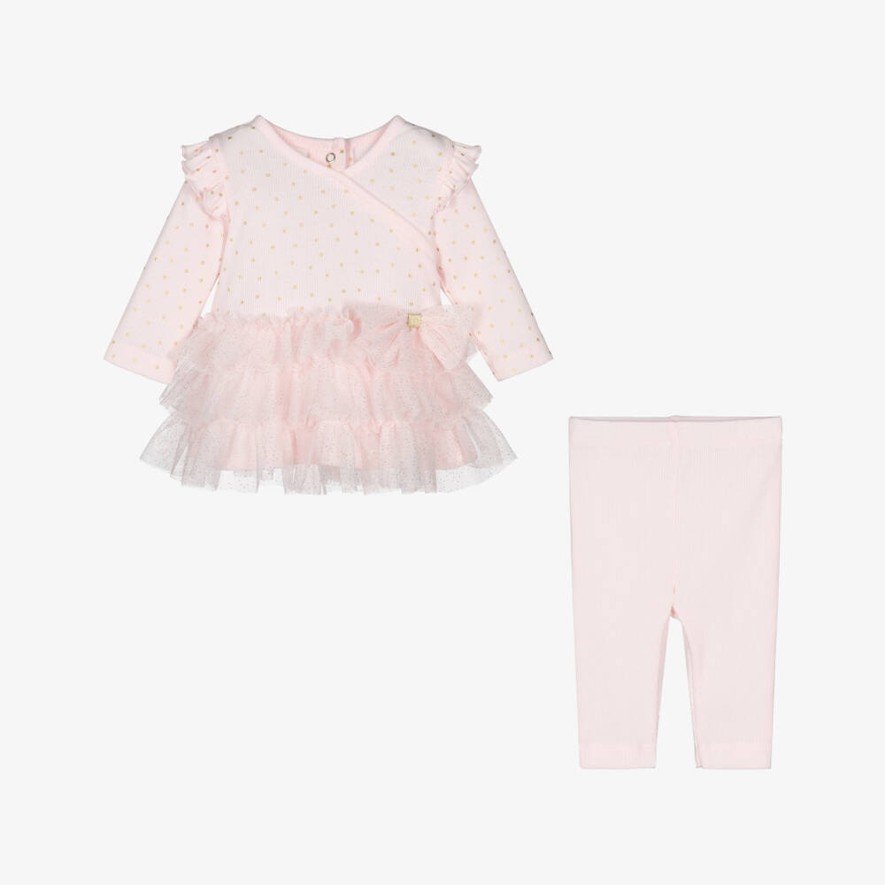 Little Me-Baby Girls Pink Ribbed Cotton & Tulle Dress Set | Childrensalon