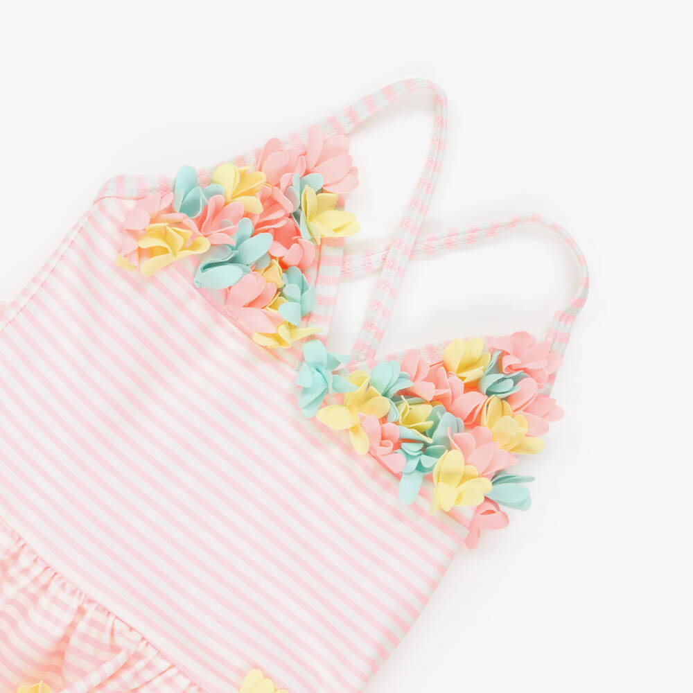 Little Me-Baby Girls Pink Stripe Swimsuit with 3D Flowers (UPF50+) | Childrensalon