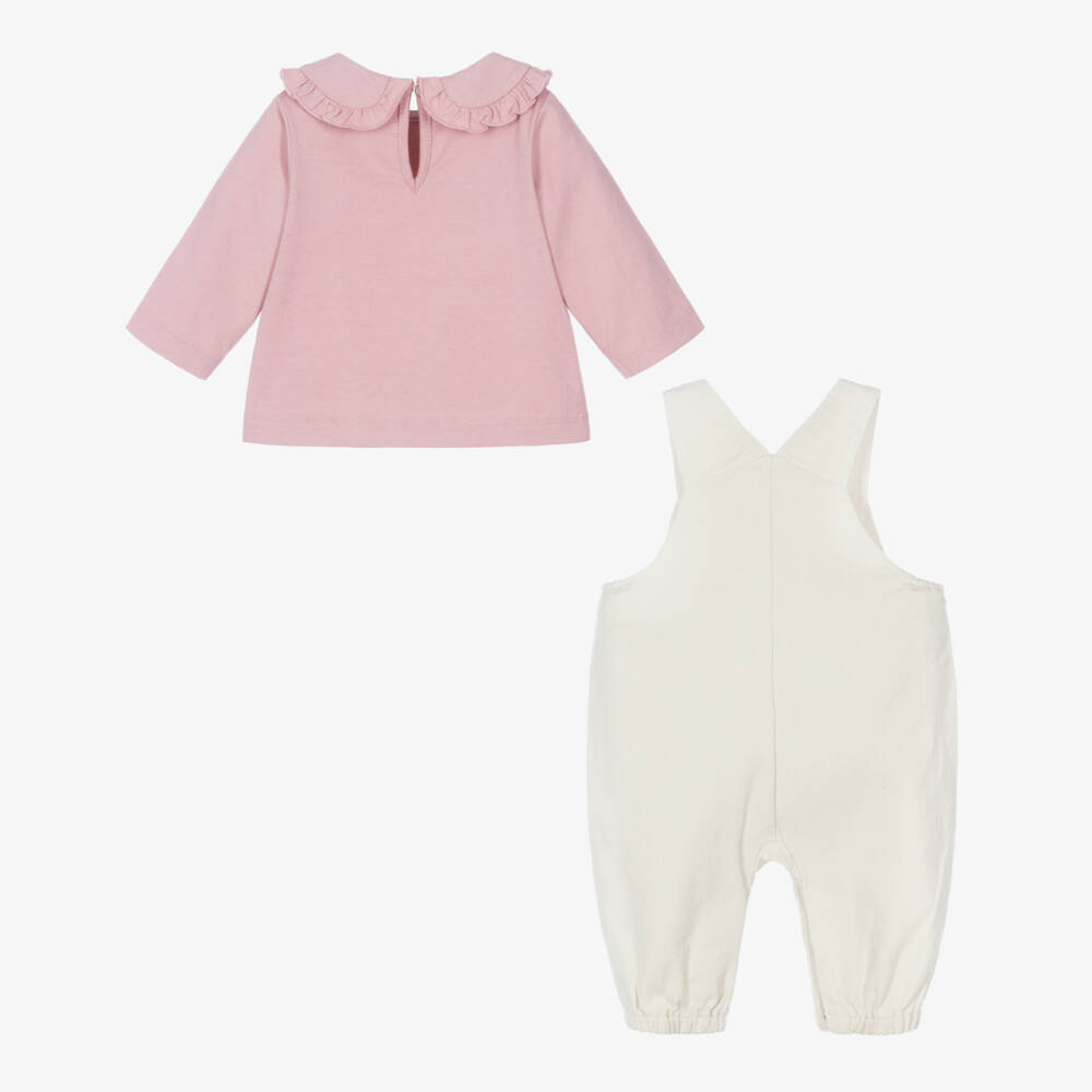 Little Me-Baby Girls Pink Top & Ivory Floral Embroidered Dungarees | Childrensalon