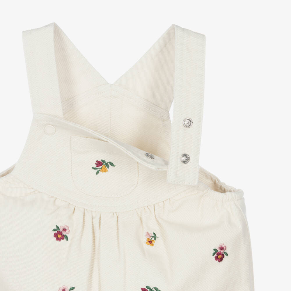 Little Me-Baby Girls Pink Top & Ivory Floral Embroidered Dungarees | Childrensalon