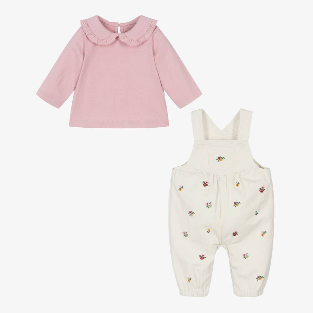 Little Me-Baby Girls Pink Top & Ivory Floral Embroidered Dungarees | Childrensalon